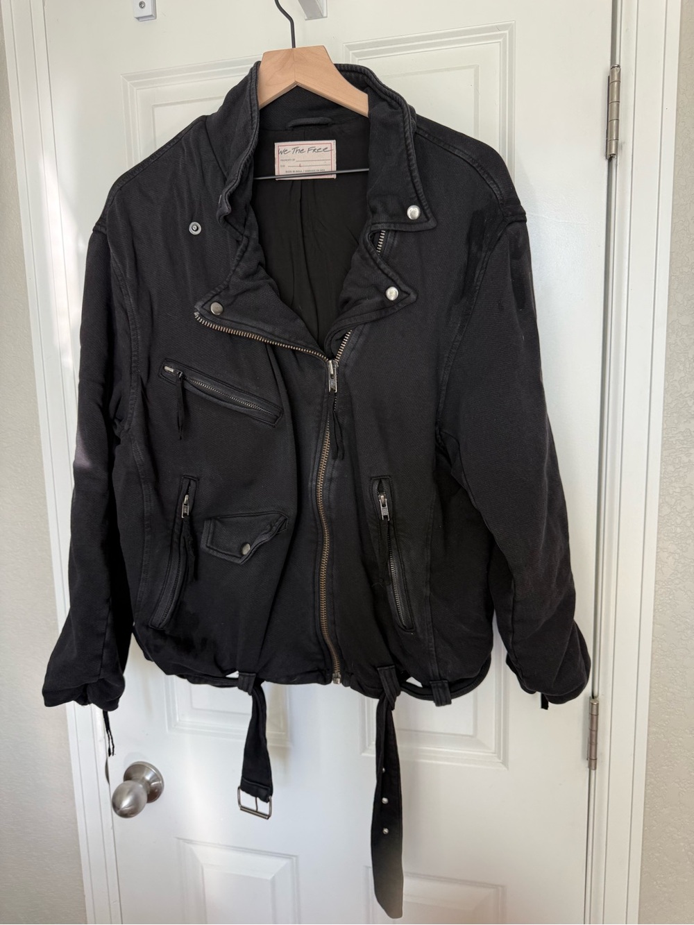 Free People We The Free Black Utility Moto Jacket Belted Zip Cotton Oversized L